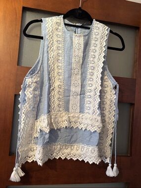 Zara Light Blue Tank with Cream Lace Trim